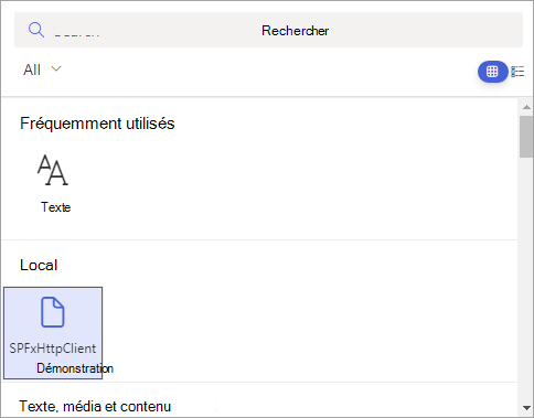 Capture d’écran de SharePoint Workbench - Galerie de composants WebPart.