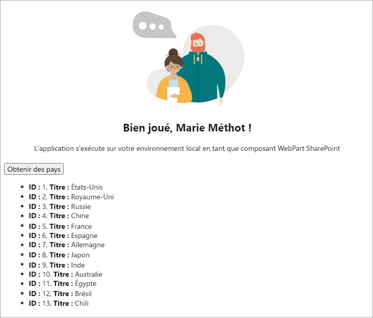 Capture d’écran du composant WebPart avec des données.