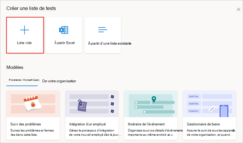 Capture d’écran montrant le formulaire Créer une liste - Sélection d’un modèle vide.