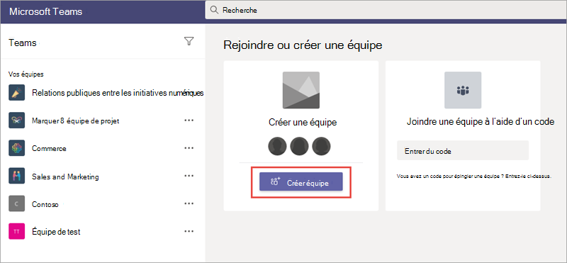 Capture d’écran du menu Créer et joindre.