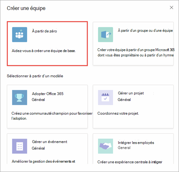 Capture d’écran de la boîte de dialogue Créer une équipe.