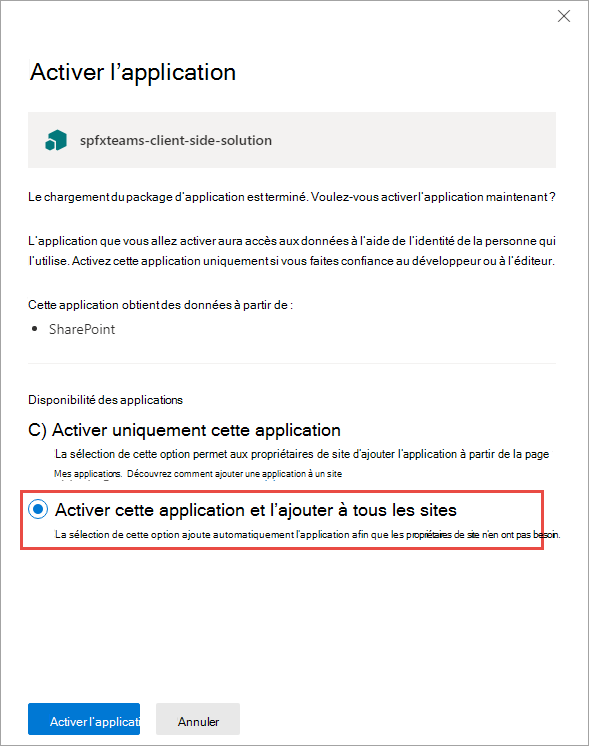 Capture d’écran du panneau Activer l’application.