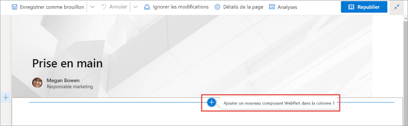 Capture d’écran illustrant l’ajout du composant WebPart à la page SharePoint moderne.
