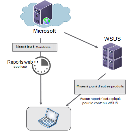 Diagramme montrant l’utilisation de WSUS pour différer les mises à jour Windows avec d’autres contenus de mise à jour hébergés sur WSUS.