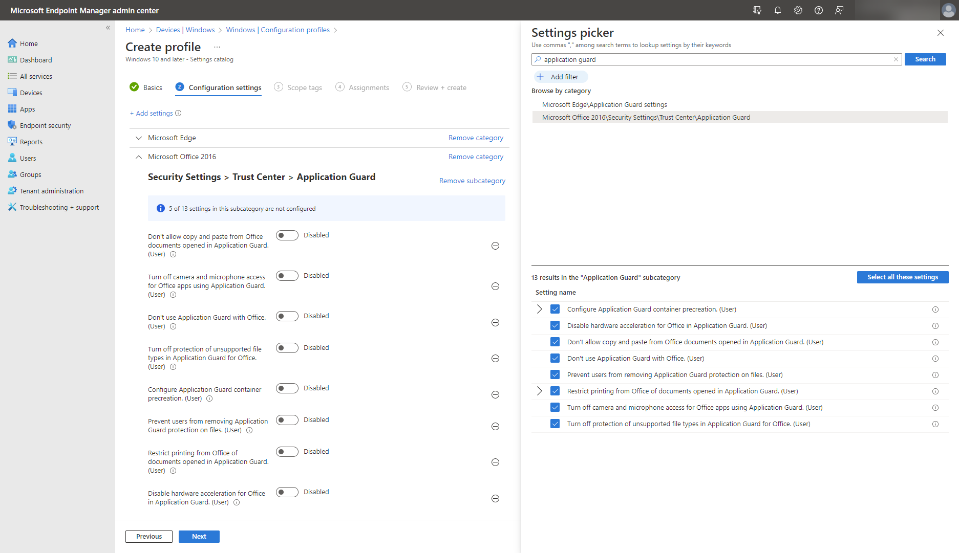 Une capture d’écran montre les paramètres de Protection d'application Microsoft Defender pour Microsoft Office dans le catalogue de paramètres dans Microsoft Intune.