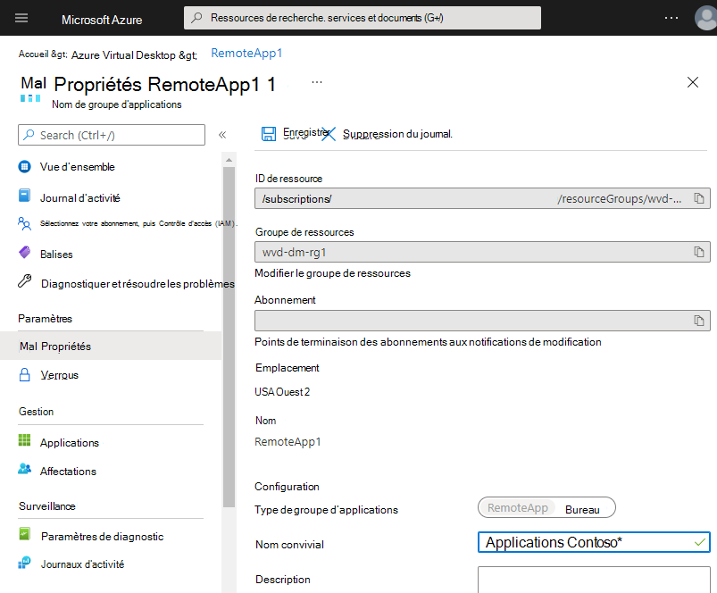 Capture d’écran montrant les propriétés du groupe d’applications RemoteApp avec le nom convivial applications Costoso.