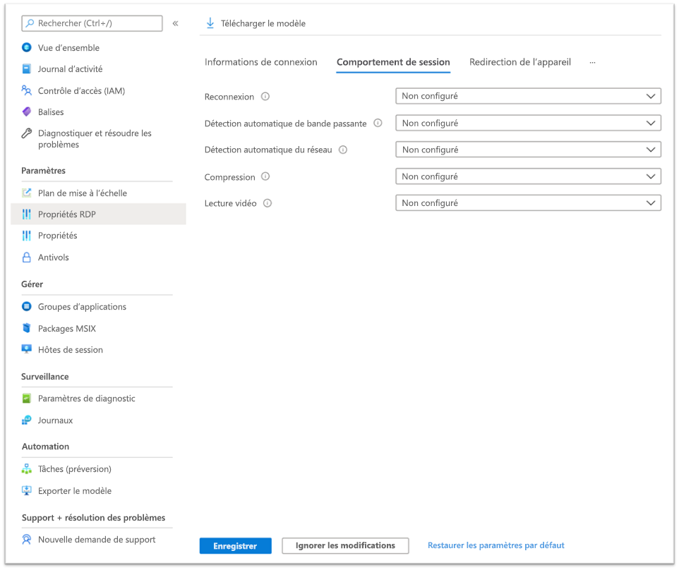 Capture d’écran montrant le champ de texte Propriétés RDP avec certaines propriétés de redirection telles que audiocapturemode et le jeu audiomode.