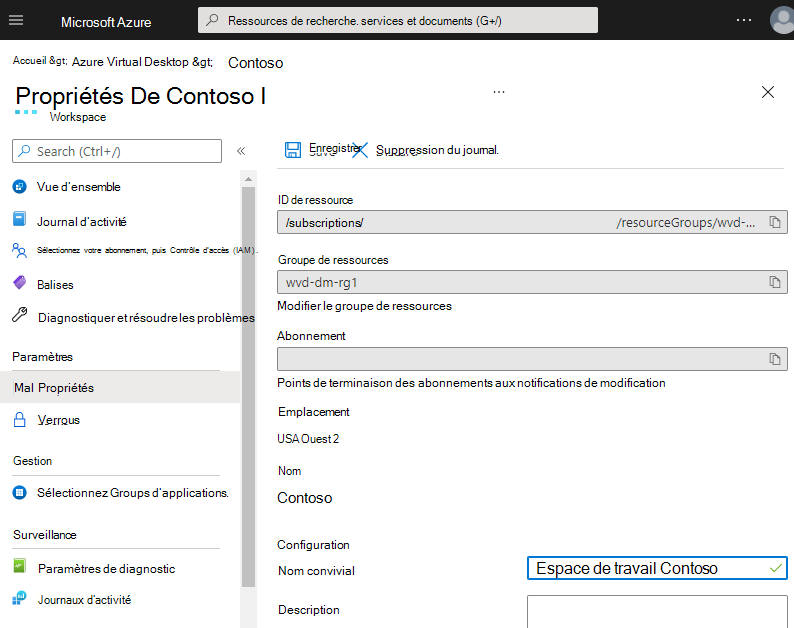 Capture d’écran montrant les propriétés de l’espace de travail avec l’espace de travail Contoso nom convivial.