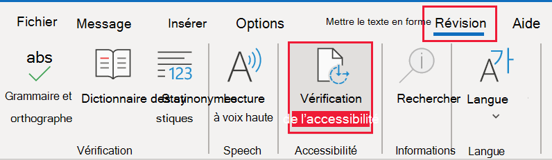 Capture d’écran du vérificateur d’accessibilité Microsoft Outlook.