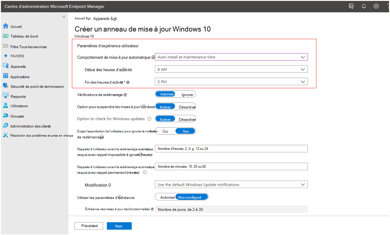 Définissez une plage d’heures actives pour les redémarrages automatiques dans Microsoft Intune.