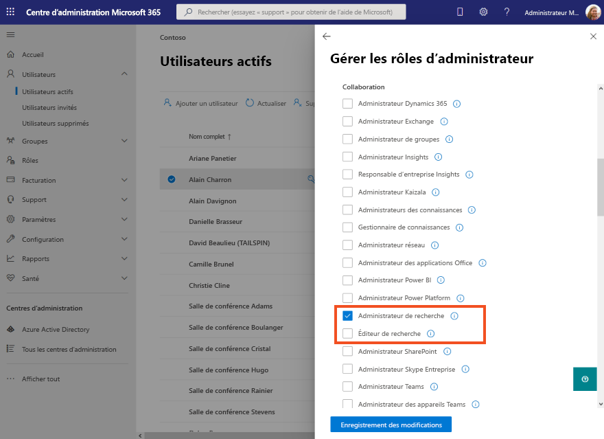 Image montrant les rôles d’administrateur de recherche et de l’Éditeur de recherche dans le volet Gérer les rôles d’administrateur.