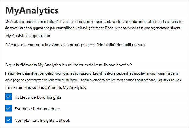 Capture d’écran de l’écran MyAnalytics dans lequel les options peuvent être définies.