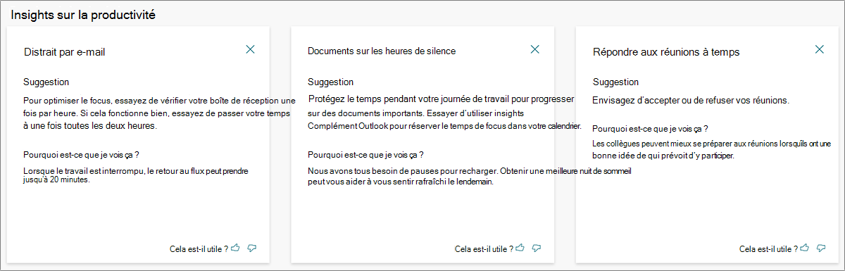 Capture d’écran montrant des cartes pédagogiques avec des exemples de suggestions de productivité.