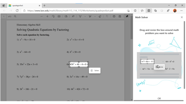 Screenshot of Math Solver in Microsoft Edge browser with part of an equation highlighted.