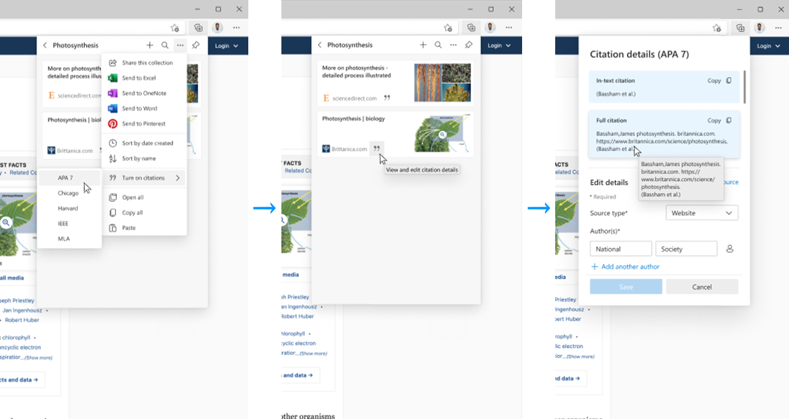 Screenshots of a user flow that showing how to access the Citations feature in Microsoft Edge using Collections.