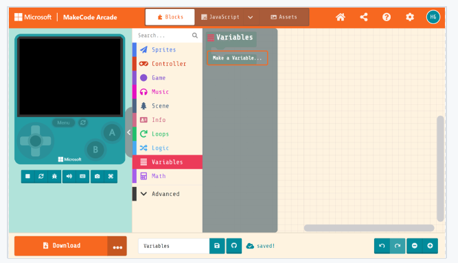 Capture d’écran du tiroir de la boîte à outils des variables MakeCode.