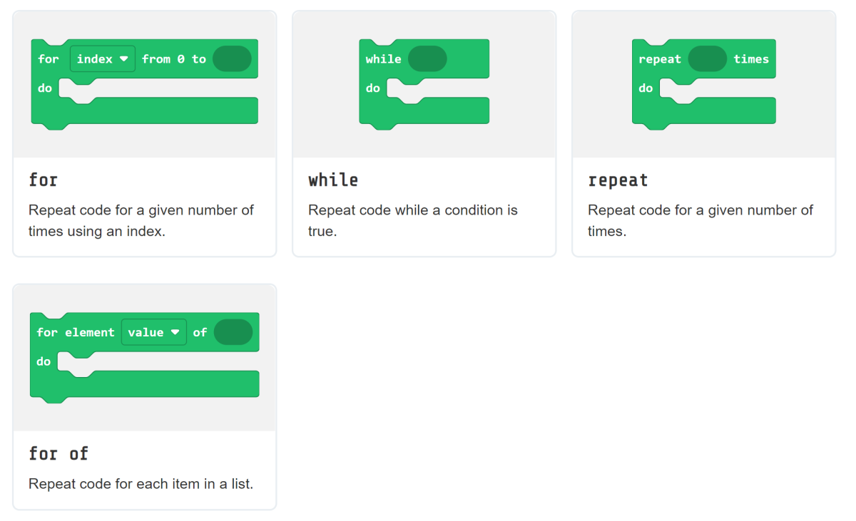 Capture d’écran des blocs de boucle dans MakeCode.