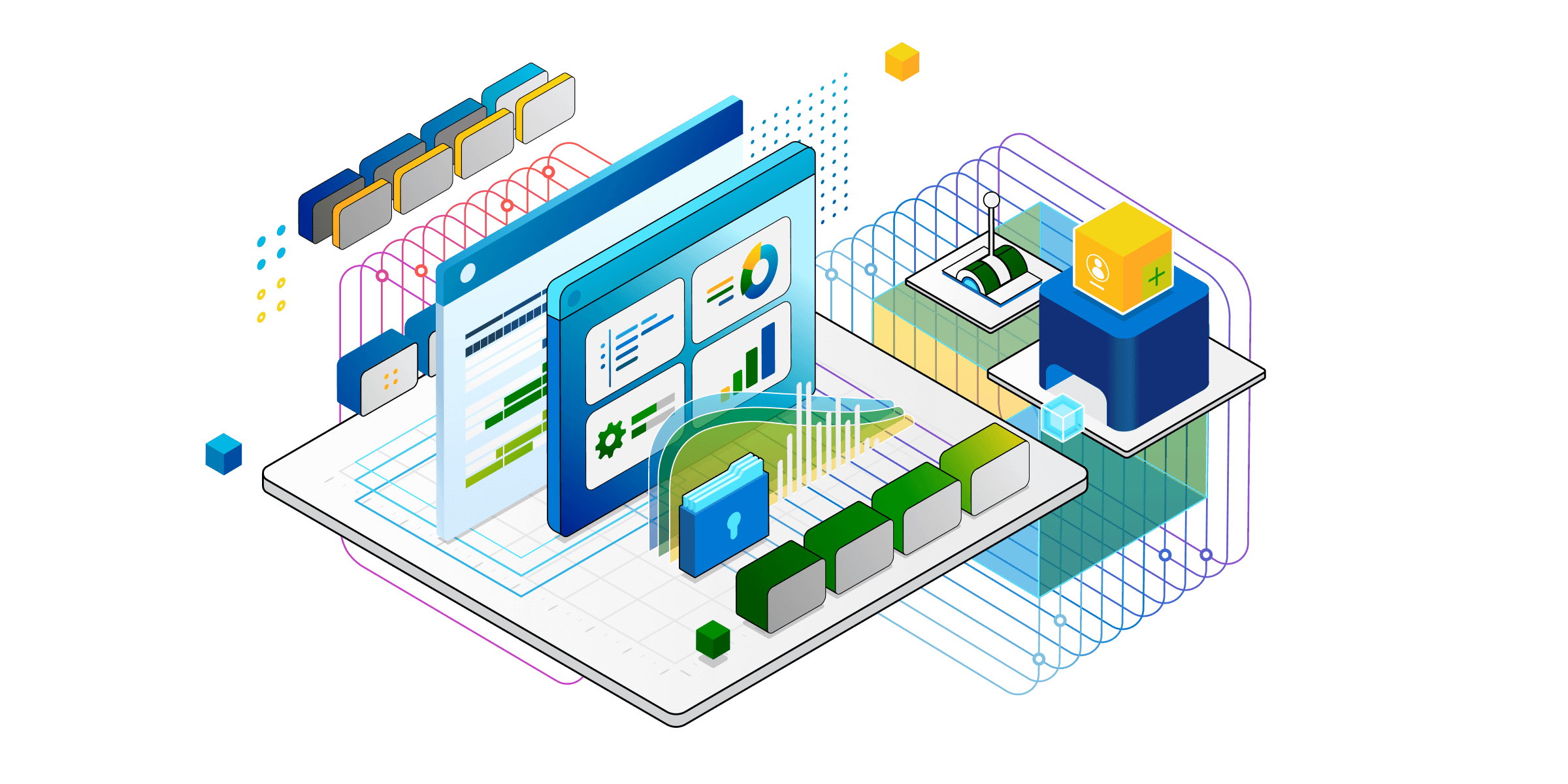 Illustration isométrique des composants techniques pour les services Purview.