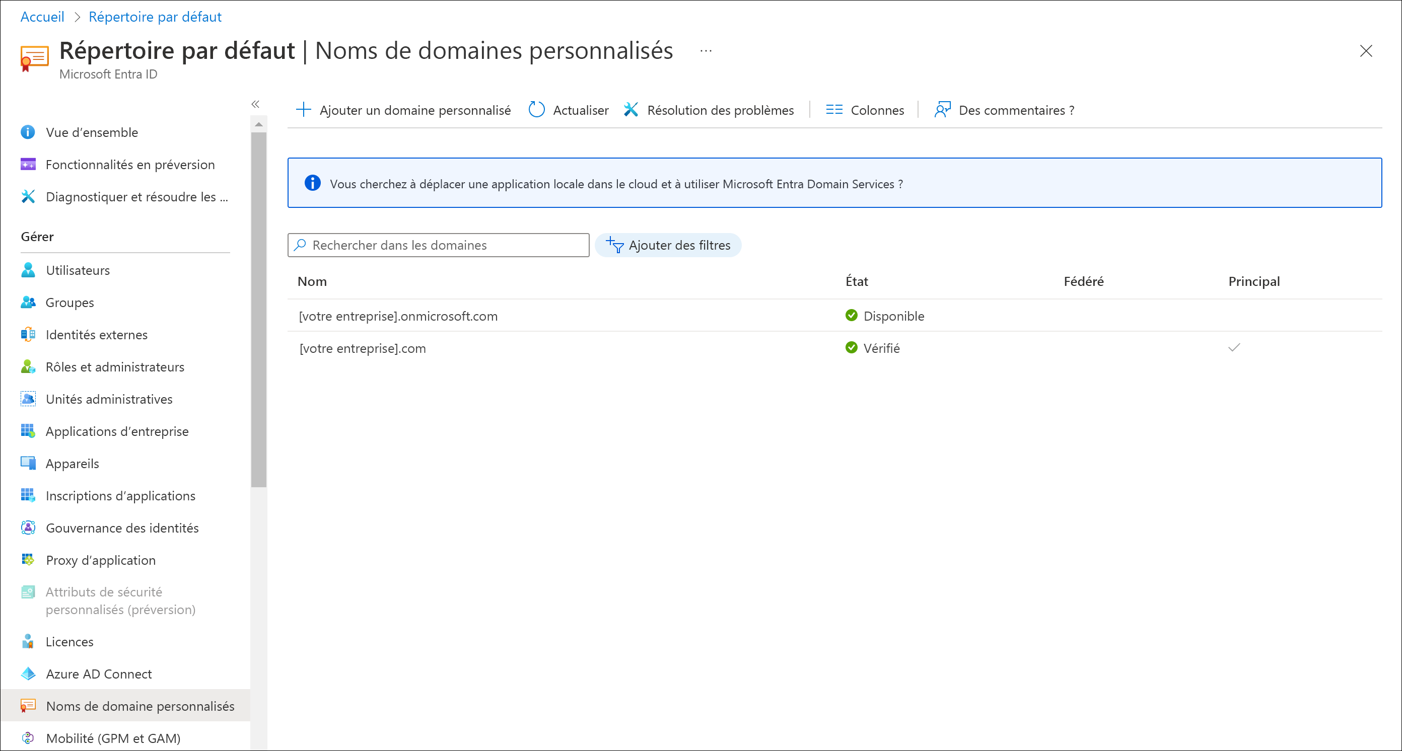 Screenshot of example domain name under Microsoft Entra ID > Custom domain names in the Azure portal.