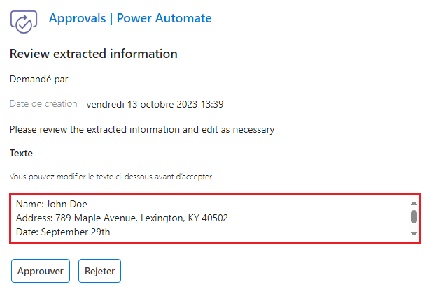 Capture d’écran de la demande d’approbation dans la boîte de réception d’Outlook.