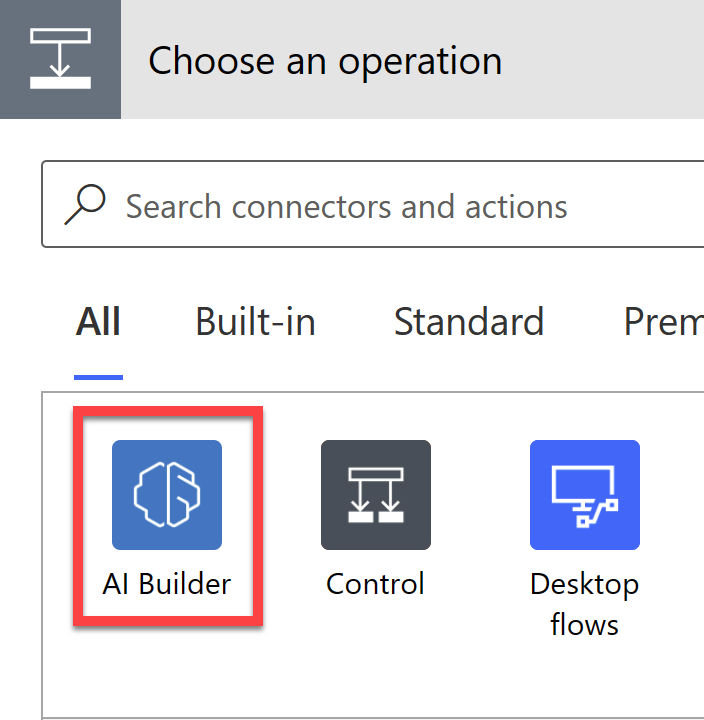 Capture d’écran du connecteur AI Builder dans Power Automate.