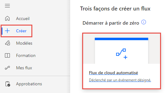 Capture d’écran de l’option Créer et de l’action Flux de cloud automatisé.