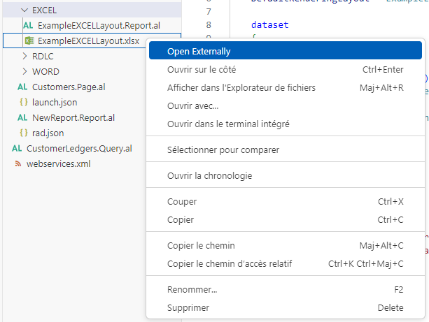 Capture d’écran illustrant le fichier ExampleEXCELLayout.xlsx cliqué avec le bouton droit pour révéler les options avec l’option Ouvrir en externe sélectionnée.