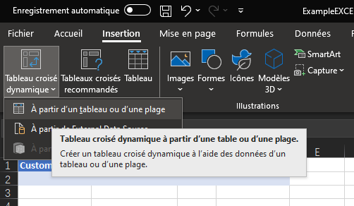 Capture d’écran d’Excel illustrant le bouton Tableau croisé dynamique développé pour révéler l’option À partir d’un tableau ou d’une plage.