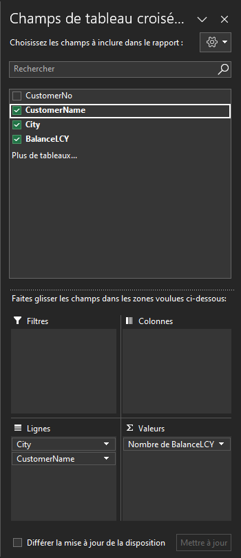 Capture d’écran du volet Champs du tableau croisé dynamique avec les champs CustomerName, City et BalanceLCY sélectionnés.