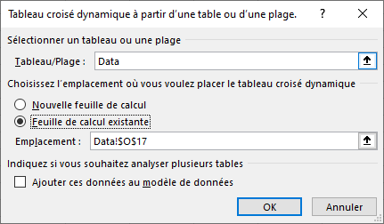 Capture d’écran de la boîte de dialogue Tableau croisé dynamique à partir d’un tableau ou d’une plage avec la case Feuille de calcul existante cochée.