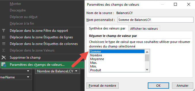 Capture d’écran de la section Paramètres de champ de valeur pour Nombre de BalanceLCY avec l’option «&nbsp;Résumer le champ de valeur par&nbsp;» redéfinie sur Somme.