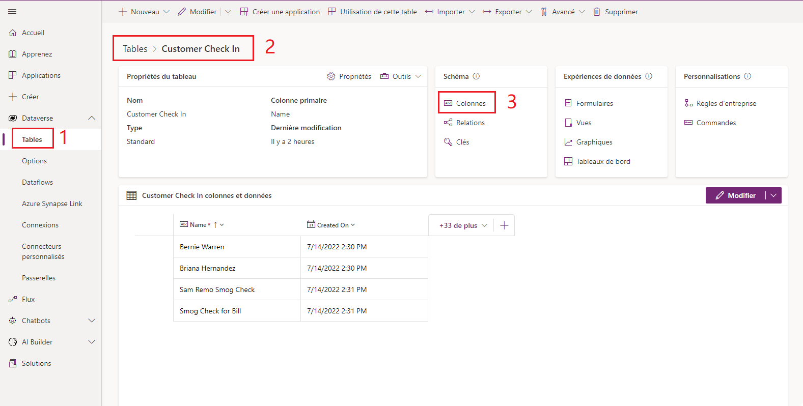 Screenshot of Power Apps Solutions > Default Solution > Customer Check In page with the Add field button highlighted.