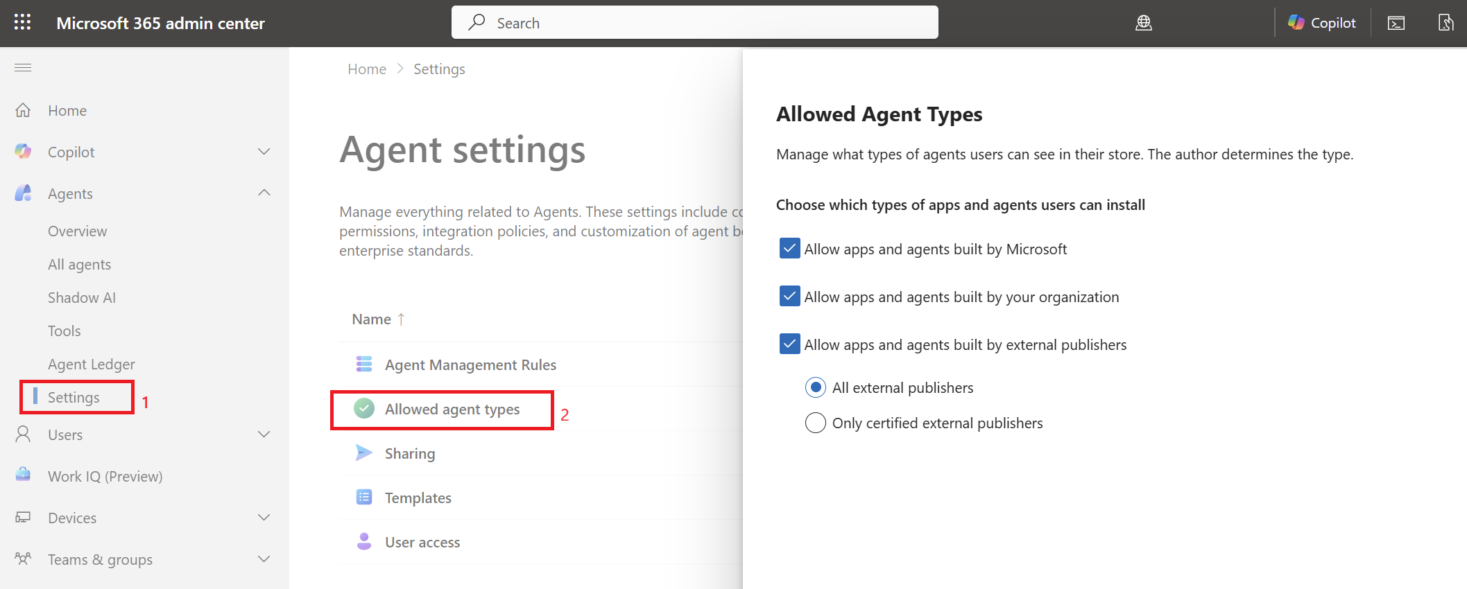 Screenshot of the Allowed agent types page with settings applied.