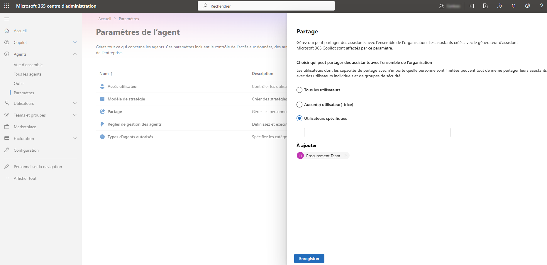 Screenshot of the Agent Sharing page with settings applied.