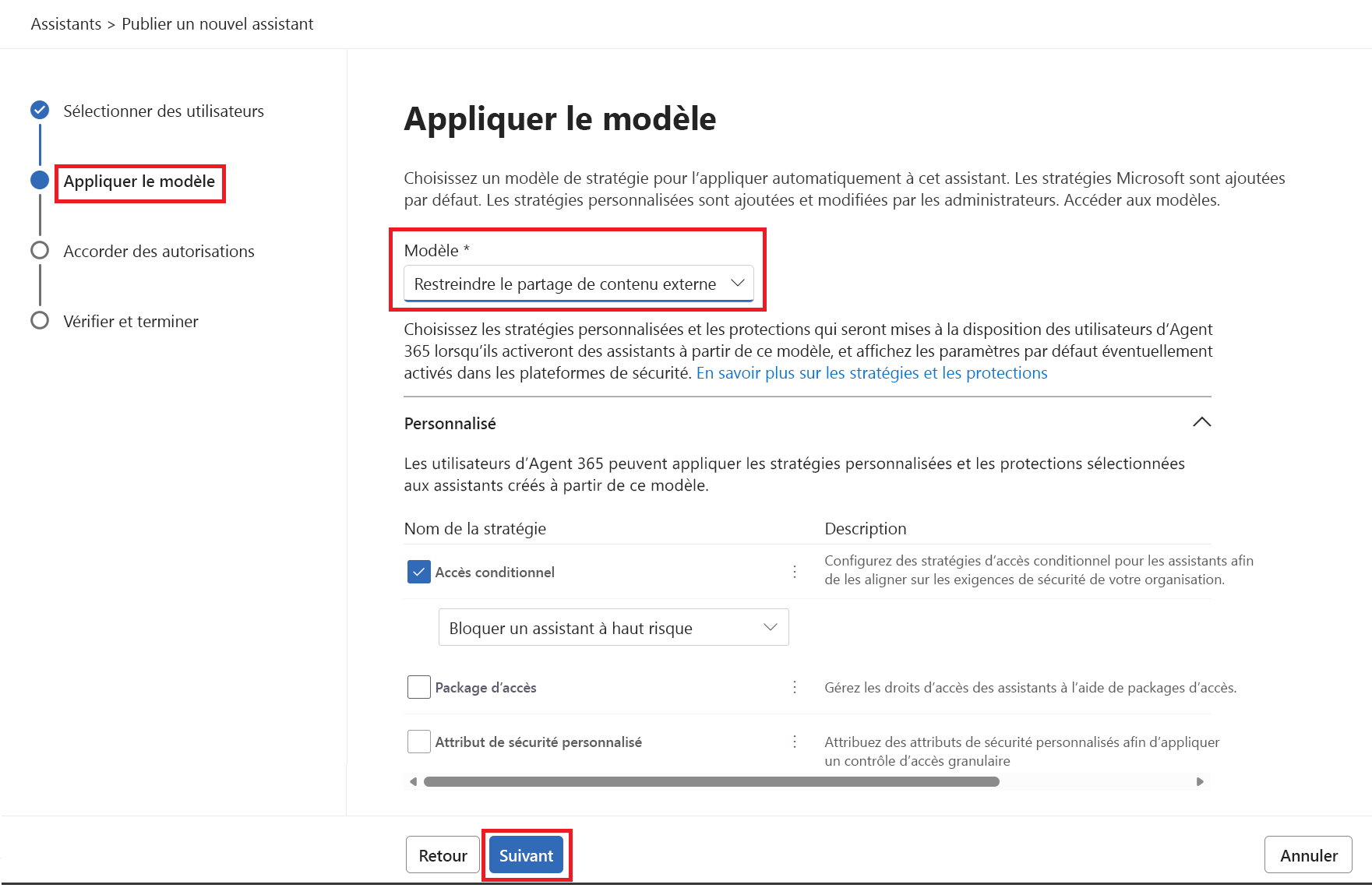 Screenshot of Restrict External Content Sharing policy template at the time of publishing the agent.