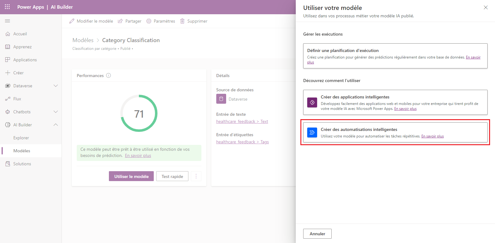 Capture d’écran du modèle Classification par catégorie illustrant un volet droit avec des options d’utilisation du modèle et l’option Créer des automatisations intelligentes mise en évidence.