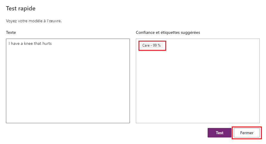 Capture d’écran de la fenêtre contextuelle Test rapide, avec le texte « J’ai mal à un genou » ainsi que la mention « Soins à 70 % » et le bouton Fermer mis en évidence.