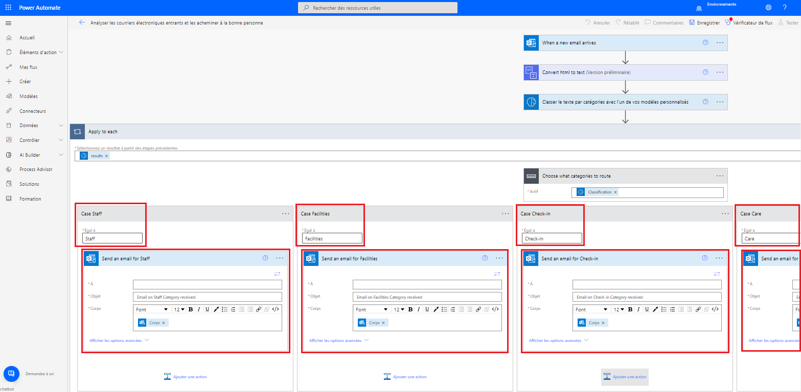 Capture d’écran du flux sélectionné dans Power Automate Studio, avec les différentes options d’incident et actions Envoyer un e-mail mises en évidence.