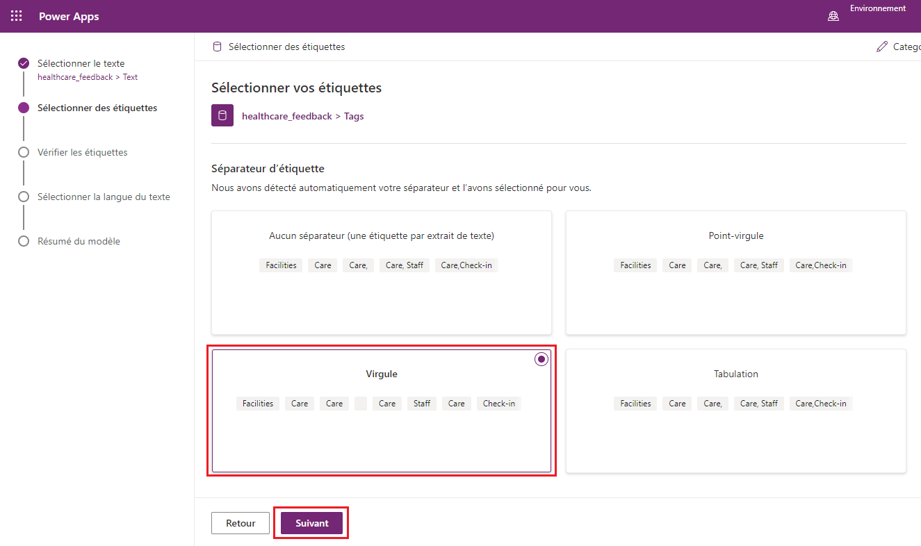 Capture d’écran du modèle Classification par catégorie dans Power Apps Studio, avec une présentation des différentes options de séparateur et les résultats, ainsi que l’option Virgule mise en évidence.