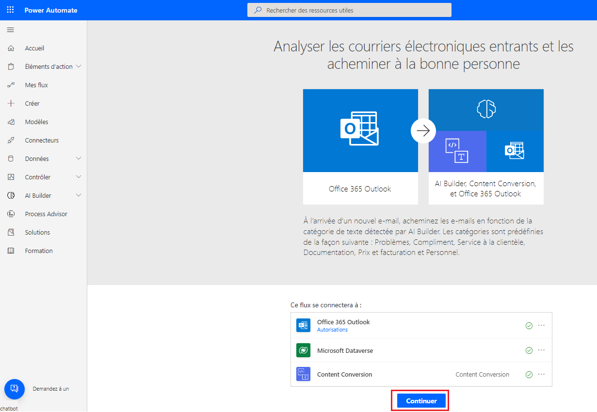 Capture d’écran du résumé du modèle sélectionné dans Power Automate Studio, avec une liste de connecteurs et le bouton Continuer mis en évidence.