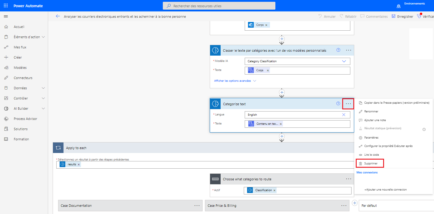 Capture d’écran du flux sélectionné dans Power Automate Studio, avec l’option Supprimer mise en évidence pour l’action d’origine Catégoriser le texte.