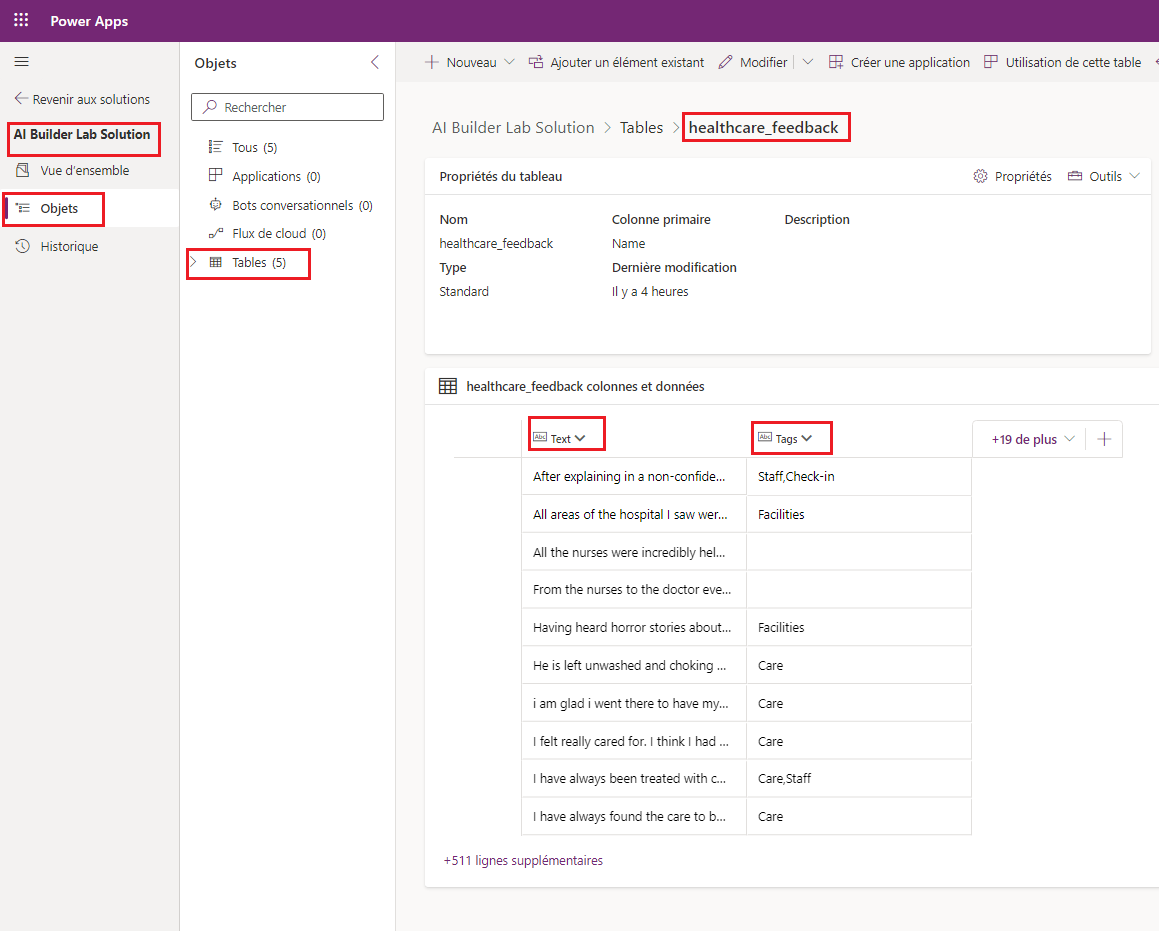 Capture d’écran de la table healthcare_feedback dans Microsoft Power Apps Studio avec des éléments mis en évidence, notamment les colonnes Texte et Balises.
