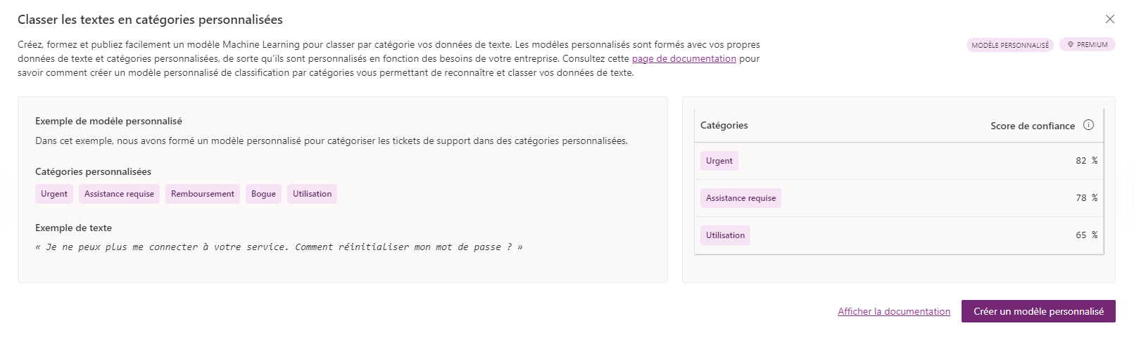 Capture d’écran de la présentation du modèle de classification de textes, avec le bouton Démarrer mis en évidence.