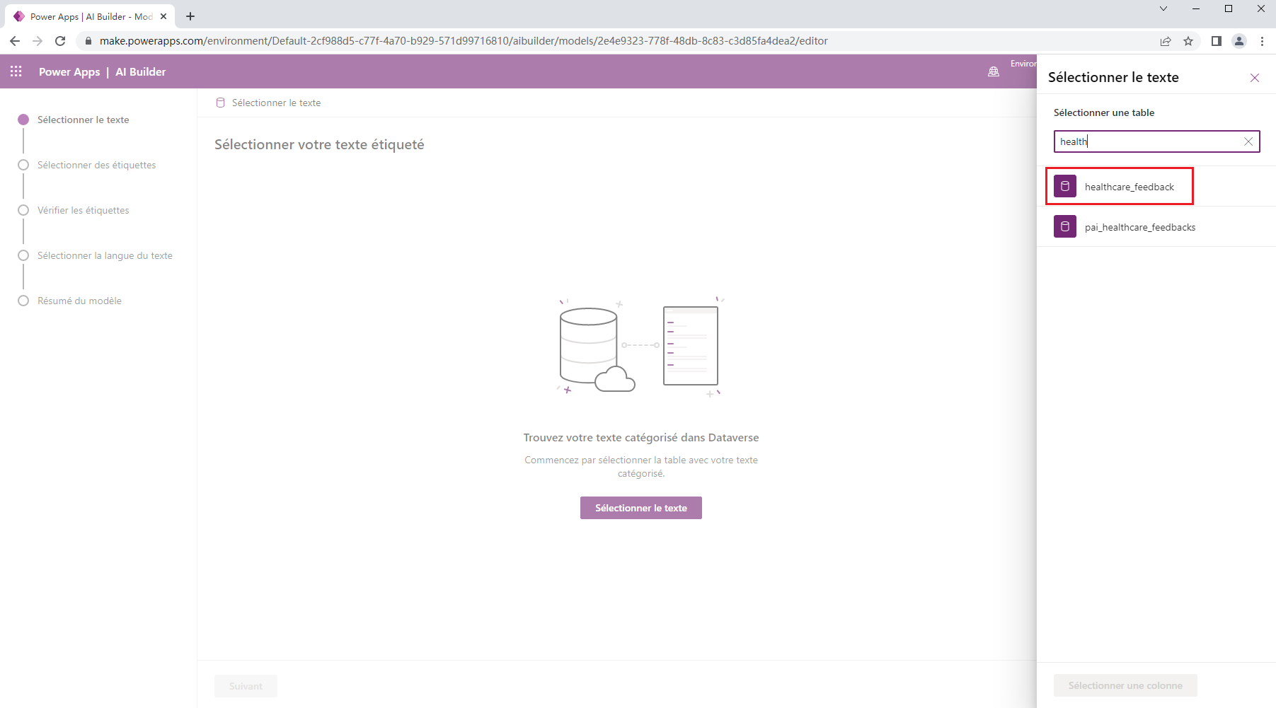 Capture d’écran du modèle Classification par catégorie dans Power Apps Studio, avec un volet sur la droite permettant de sélectionner la table source et la table healthcare_feedback mise en évidence.