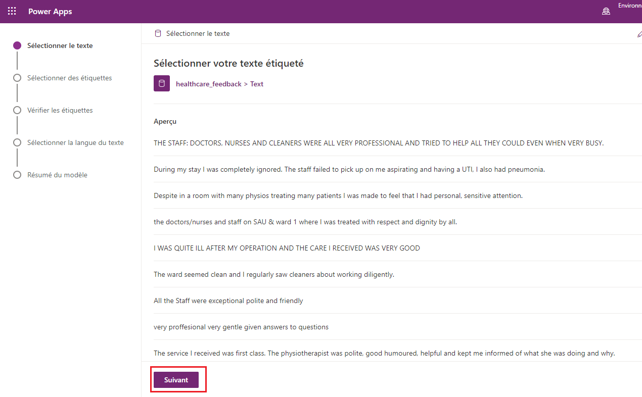 Capture d’écran du modèle Classification par catégorie dans Power Apps Studio, avec une liste d’enregistrements pour la colonne Texte sélectionnée et le bouton Suivant mis en évidence.
