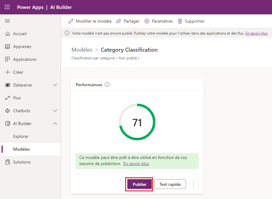 Capture d’écran du modèle Classification par catégorie dans Power Apps Studio, avec un indicateur de performance et le bouton Publier mis en évidence.