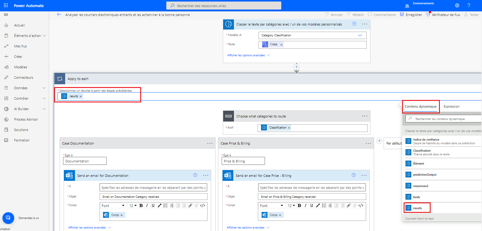 Capture d’écran du flux sélectionné dans Power Automate Studio, avec l’entrée de l’action Appliquer à chacun, l’onglet Contenu dynamique de la fenêtre contextuelle et l’option résultats sélectionnée mis en évidence.