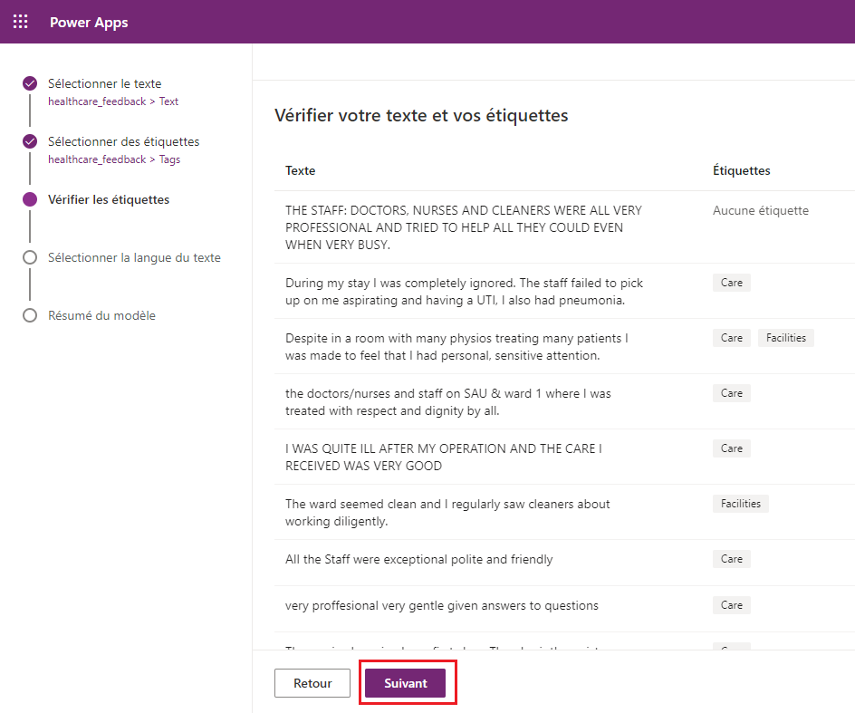 Capture d’écran du modèle Classification par catégorie dans Power Apps Studio illustrant une liste d’enregistrements avec du texte et des balises, ainsi que le bouton Suivant mis en évidence.