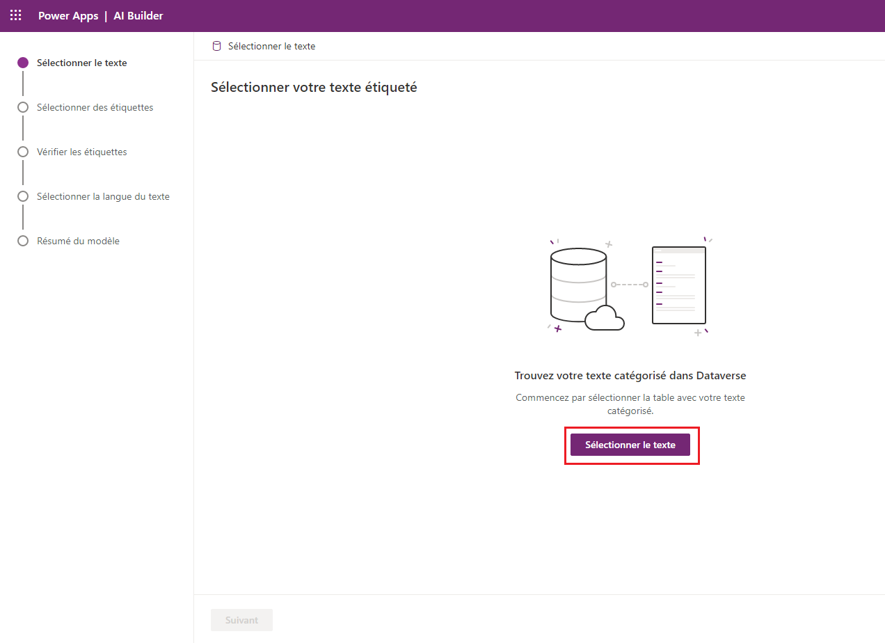 Capture d’écran du modèle Classification par catégorie dans Power Apps Studio, avec le bouton Sélectionner du texte mis en évidence.