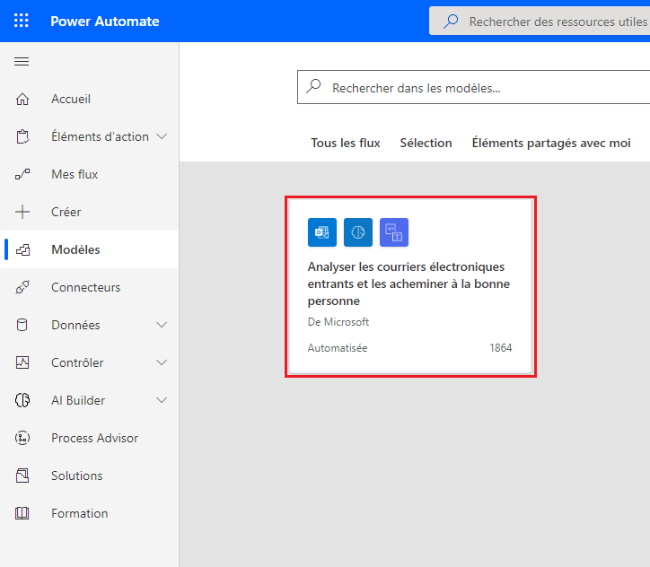 Capture d’écran des modèles disponibles dans Power Automate Studio, avec la vignette Analyser les e-mails entrants et les acheminer vers la bonne personne mise en évidence.
